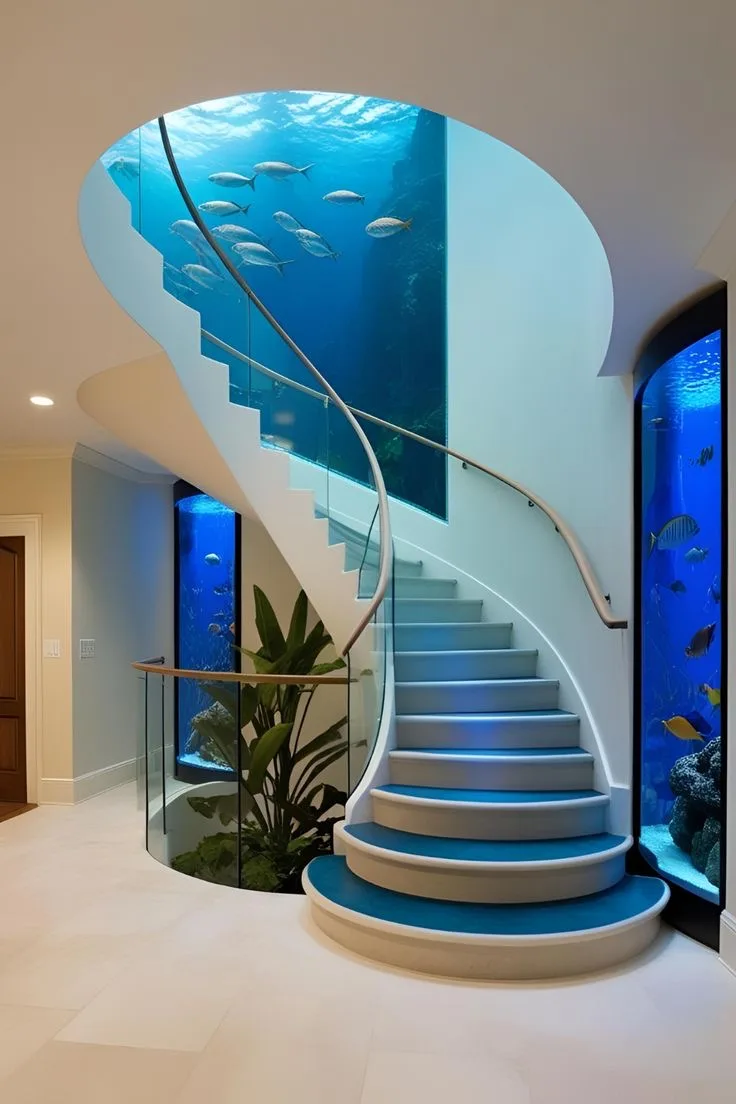 10. An Aquarium Staircase Featuring a Coral Reef-Inspired Display