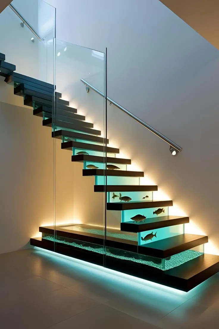 13. A Staircase with a Small Aquarium Viewing Window at Each Landing