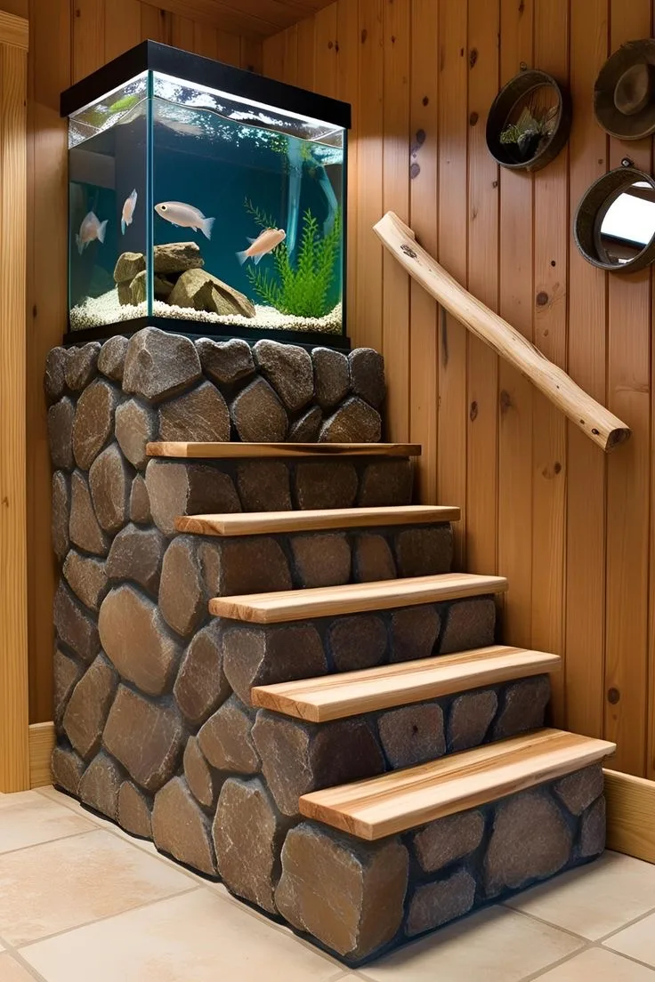 14. An Aquarium Wall Beneath a Glass-Floored Staircase for a 