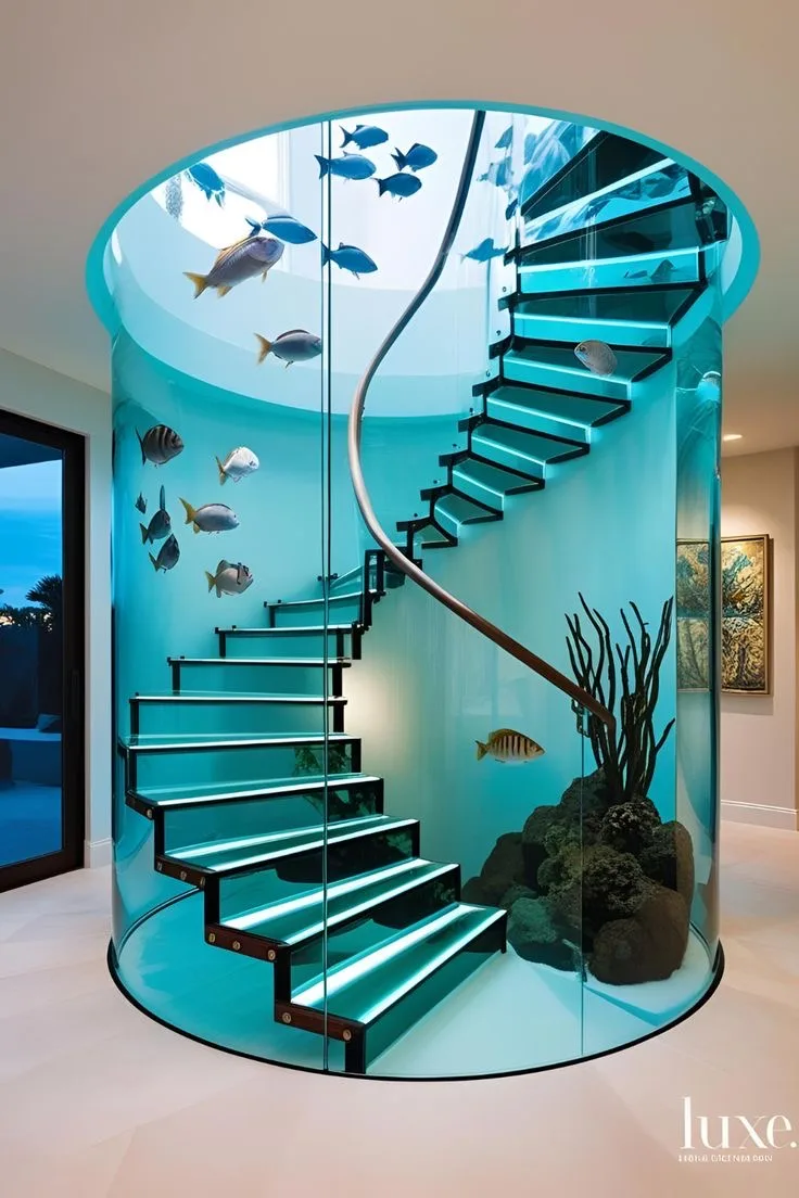 17. A Staircase Aquarium Designed with Easy-Access Maintenance Panels