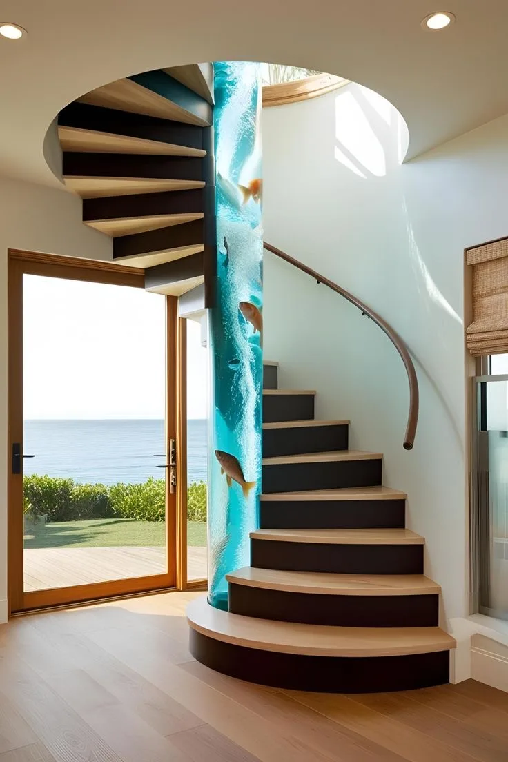 2. A Floating Glass Staircase with an Aquarium Running Beneath the Steps