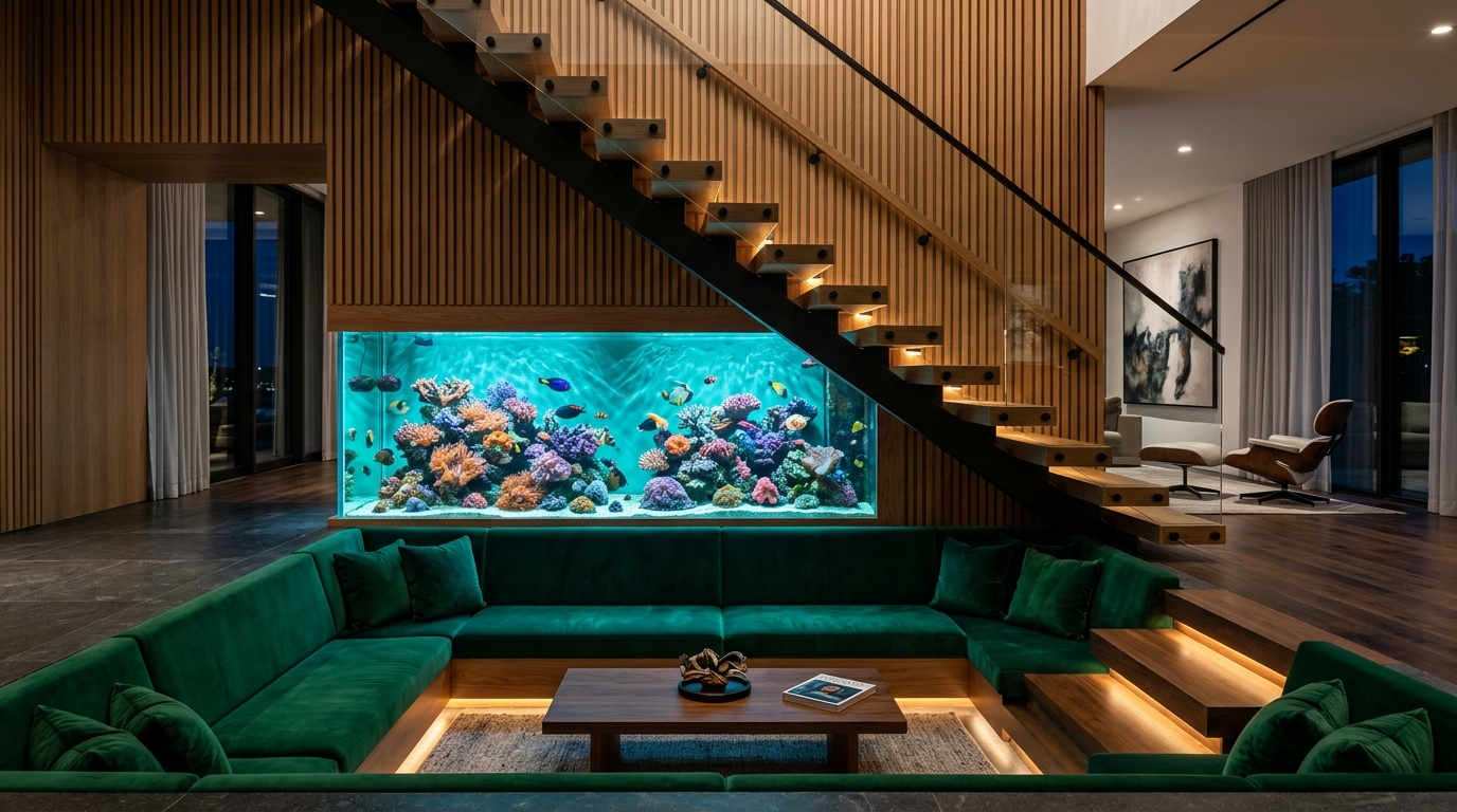 21. An Under-Stair Aquarium Lounge with Built-In Sunken Velvet Seating