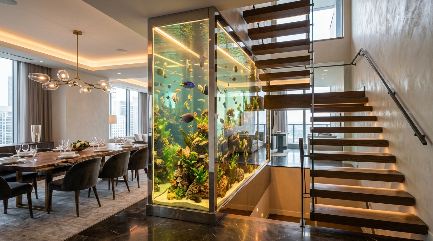 22. A Double-Sided Aquarium Staircase Serving as an Open-Plan Room Divider