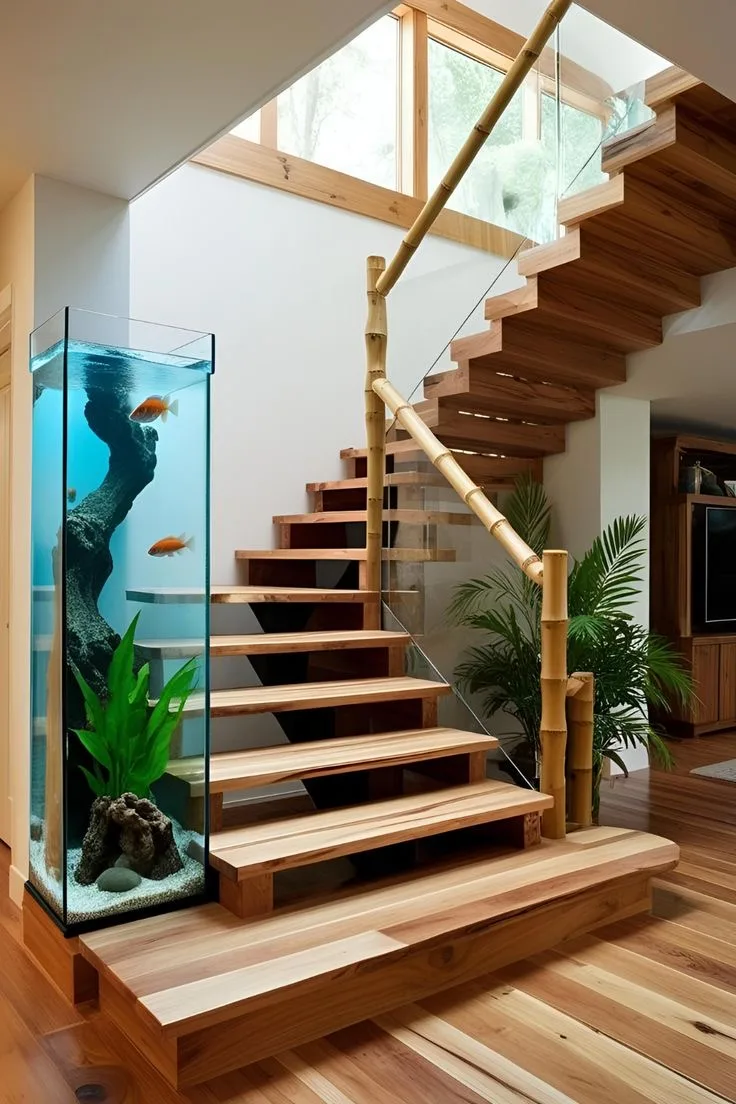 9. A Curved Aquarium Wall Following a Staircase's Natural Curve