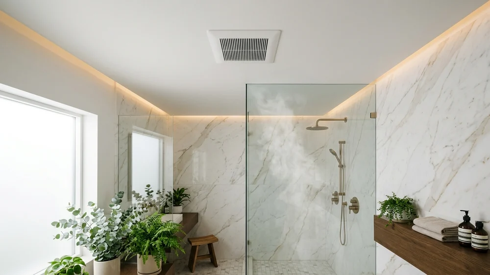 Modern sleek bathroom ceiling exhaust fan vent quietly clearing steam above a glass shower