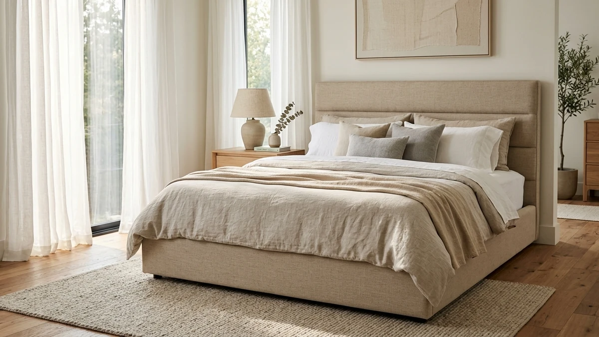 An upholstered linen platform frame for soft, neutral warmth