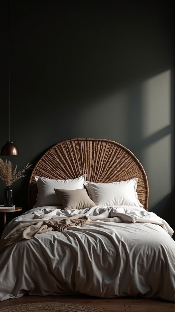 Matte black architectural spindle bed frame against warm ivory limewash walls in a chic modern bedroom