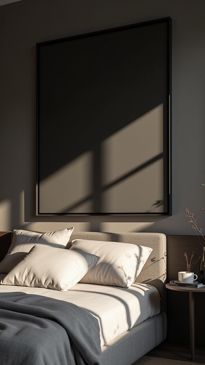 Luxurious black fluted velvet upholstered bed frame with curved wingback profile in an upscale moody bedroom