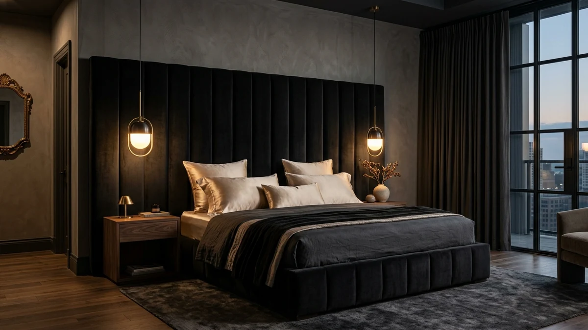A black upholstered velvet headboard frame for dramatic texture