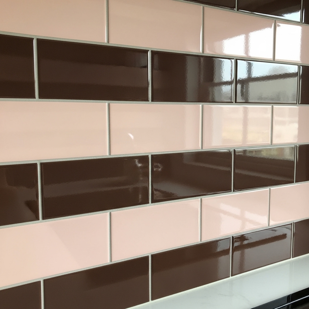 Glossy caramel brown wall tiles behind a floating natural white oak wood vanity with a stone basin