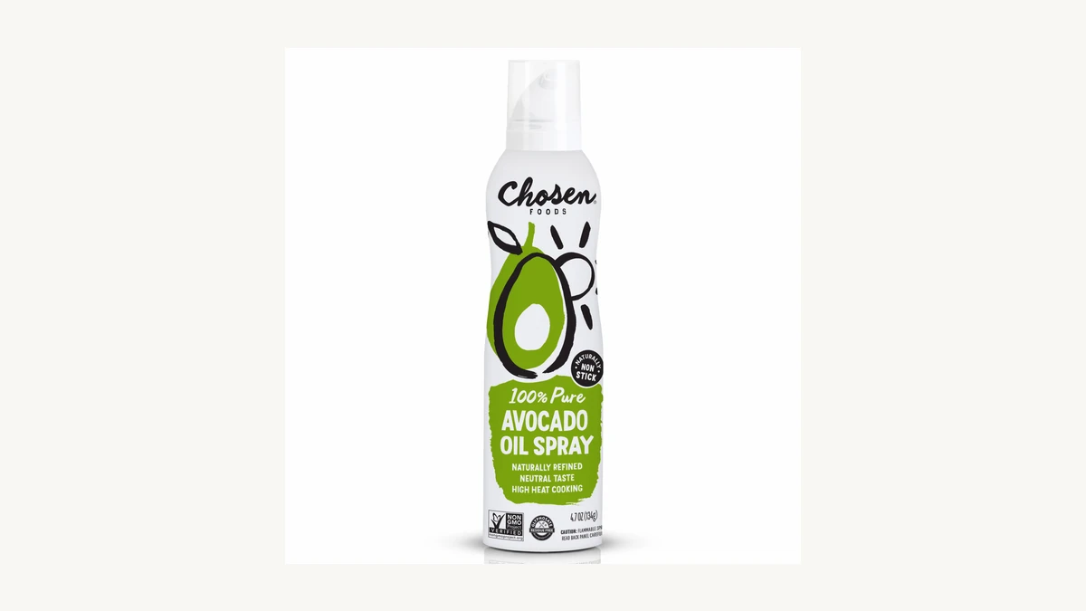 Chosen Foods 100% Avocado Oil Spray canister displayed on a modern kitchen surface