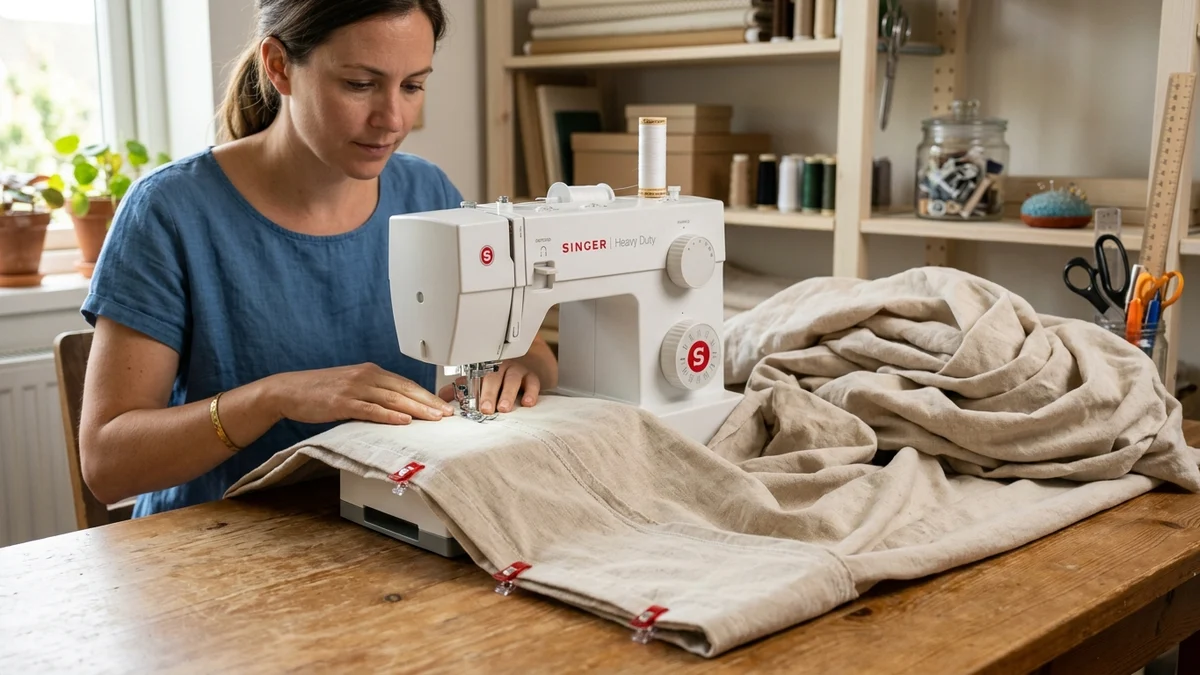 Computerized sewing machine built flush into a custom white sewing table with wide acrylic extension surface