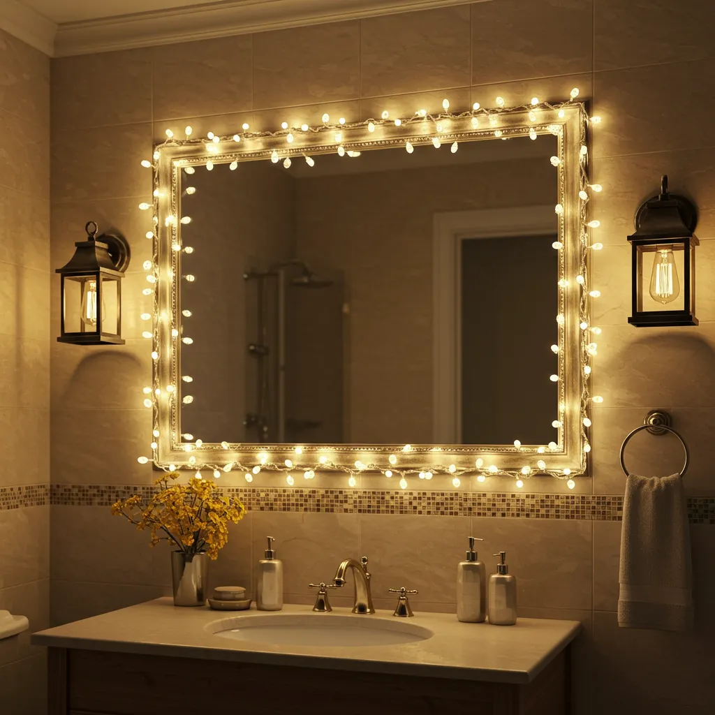Warm layered bathroom lighting featuring glowing amber wall sconces and soft flickering candlelight around a bathtub