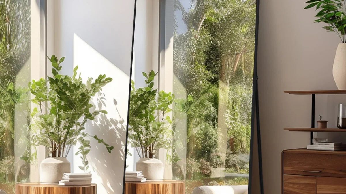 Simple Frameless Leaning Full-Length Mirror in a modern minimalist bedroom