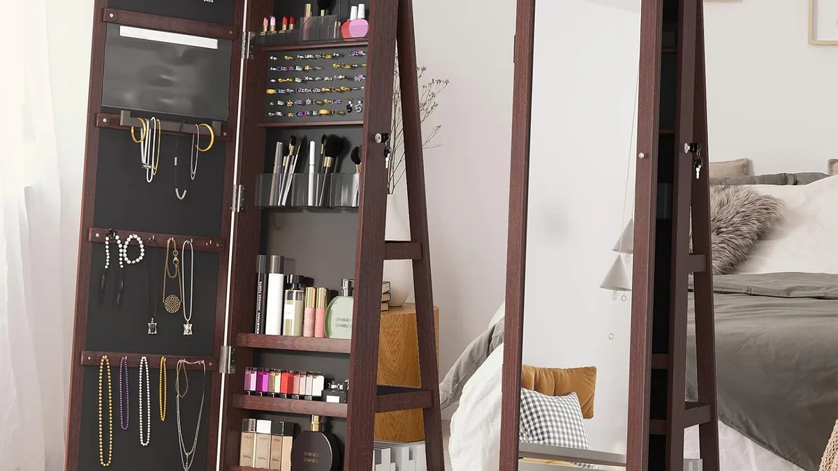Swivel Full-Length Jewelry Cabinet Armoire Mirror in bedroom