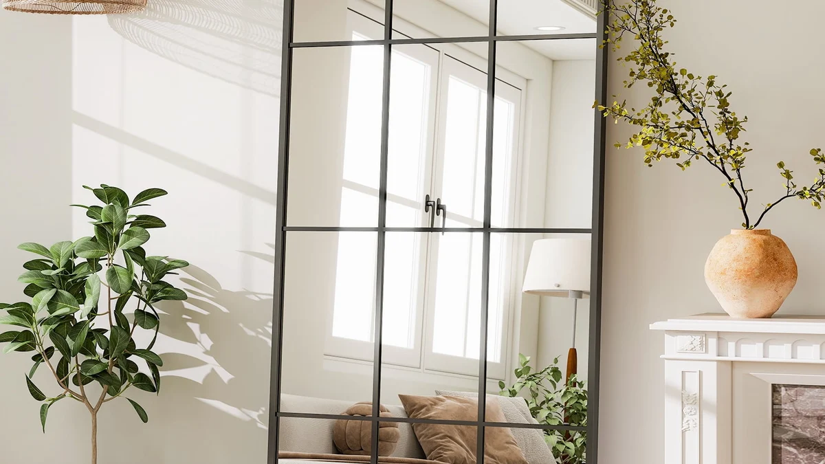 Black Windowpane Grid Mullion Full-Length Floor Mirror