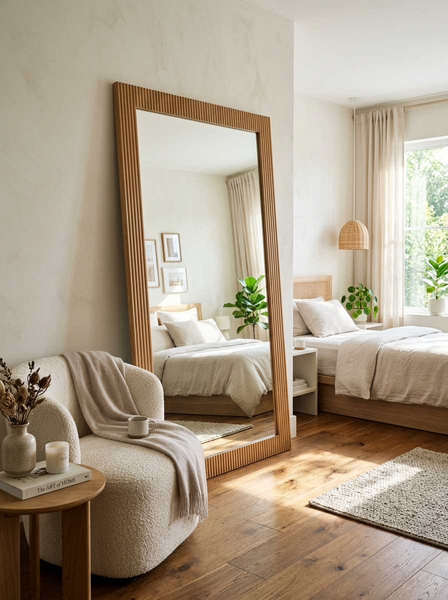 Fluted Natural Oak Leaning Full-Length Floor Mirror in a bright modern bedroom
