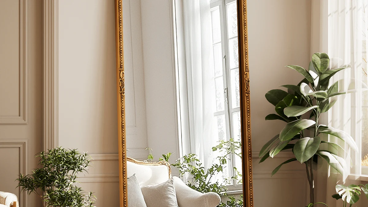 Vintage-Inspired Ornate Gold Filigree Full-Length Mirror in a bright bedroom
