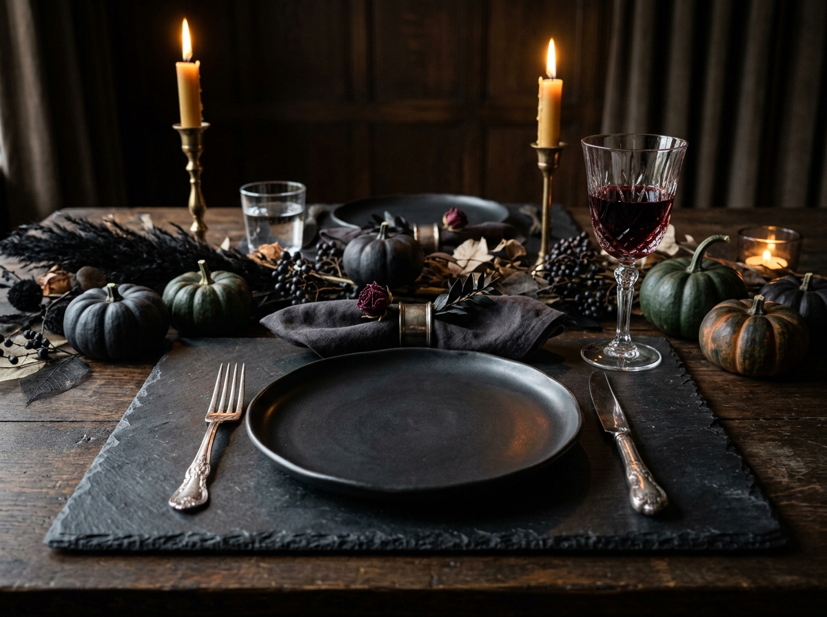 Luxury Natural Black Slate Stone Placemat with Matte Black Ceramic Plate, Tarnished Silverware, and Candlelight