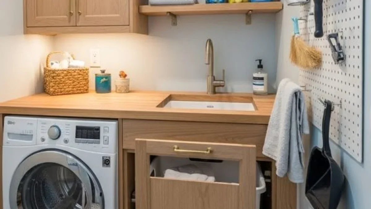 Laundry sink with shaker style vanity cabinet and pull-out faucet in an organized modern laundry room