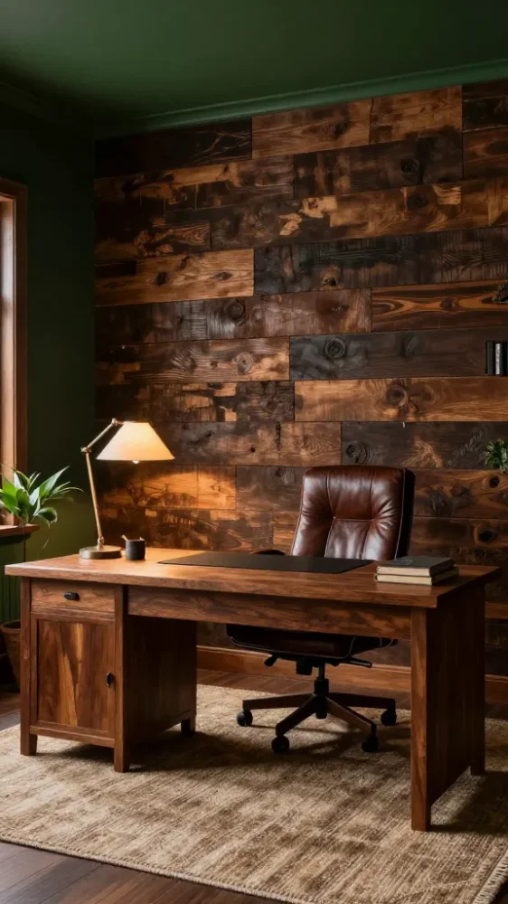 Masculine home office with deep matte charcoal walls and a rich solid walnut executive desk illuminated by warm amber task lighting