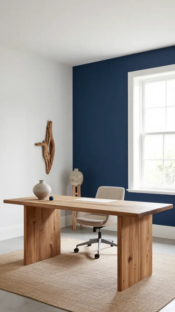 Bright and focused masculine office with crisp steel blue accent cabinetry, light warm gray walls, and clean contemporary furnishings