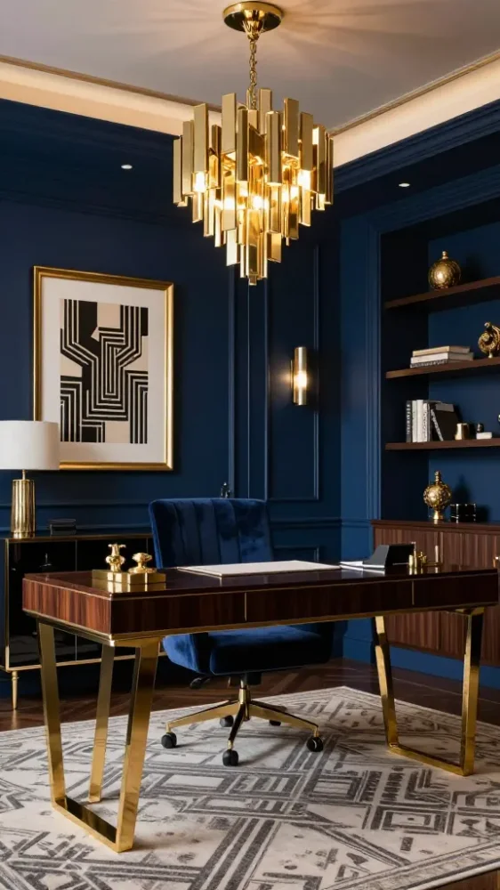 Glamorous masculine executive office with velvety matte black walls, radiant brushed brass desk lighting, and gold-trimmed decor
