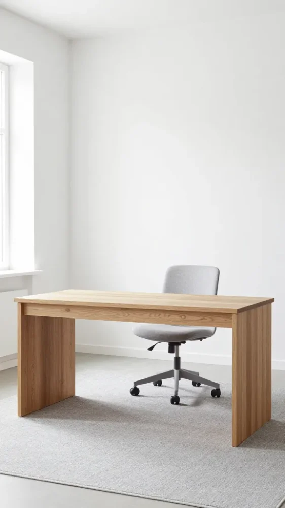 Contemporary masculine home office featuring a graphite acoustic slat wall, floating warm oak desk, and minimalist ergonomic design