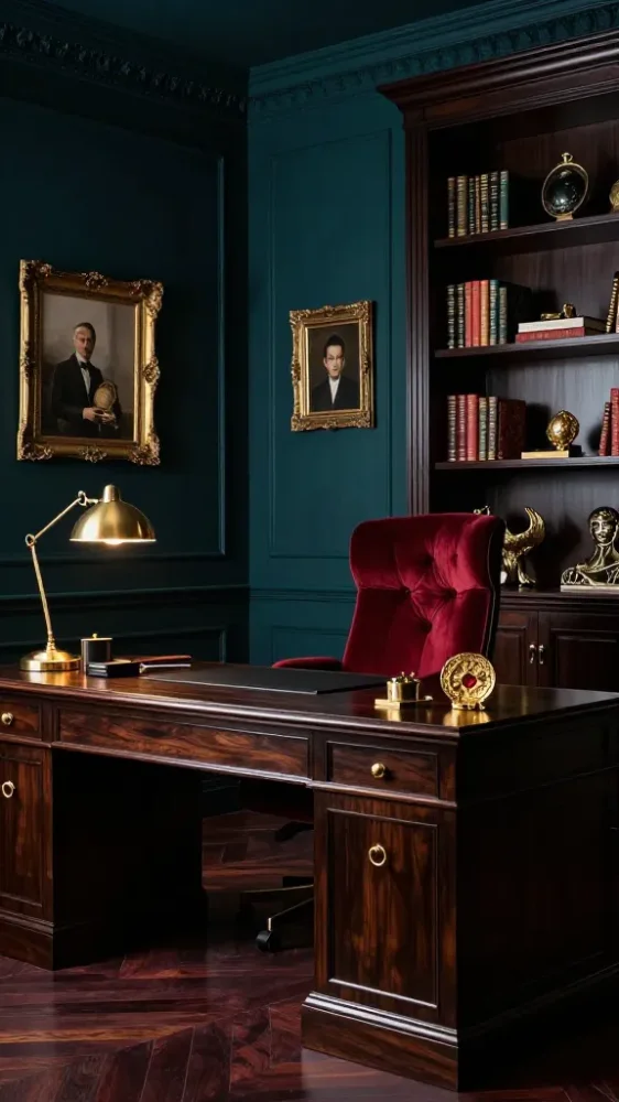 Refined masculine study with deep navy blue built-in bookshelves, warm brushed brass sconces, and an elegant dark wood desk