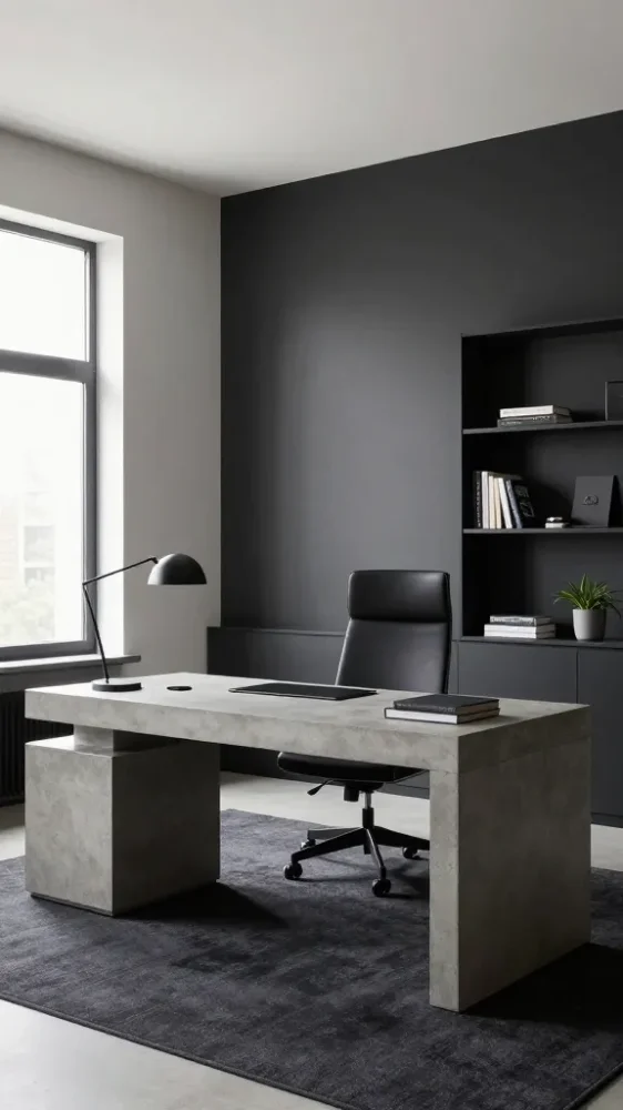 Modern masculine home office featuring a matte black accent wall, natural honey oak floating desk, and minimalist black iron details