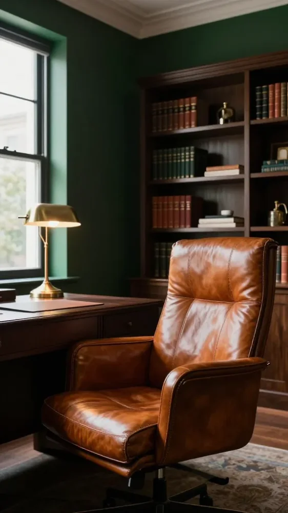 Moody masculine home office with rich forest green walls, dark wood antique desk, and a cognac leather Chesterfield armchair