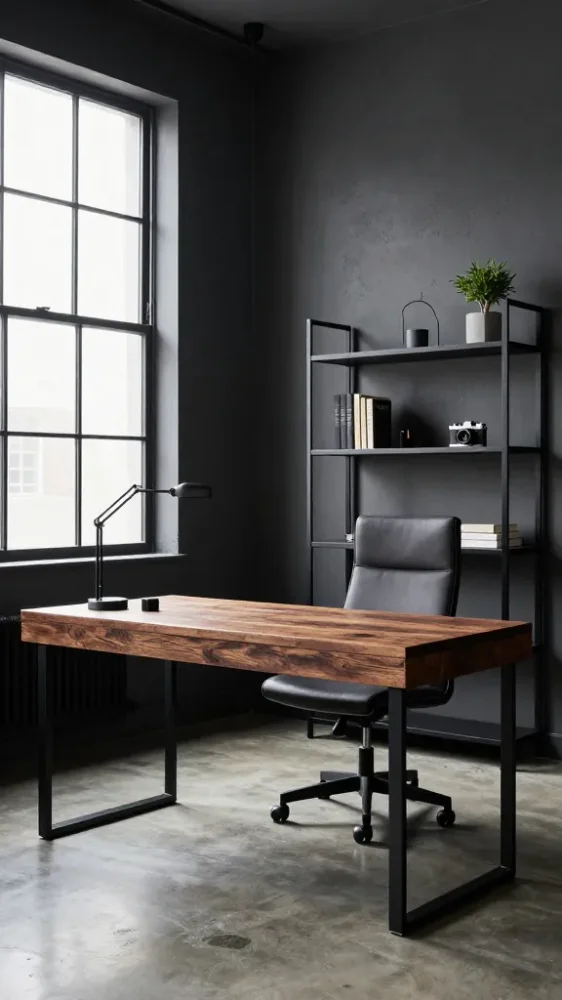 Industrial masculine home workspace with cool slate gray concrete walls, matte black steel desk frame, and minimal modern decor