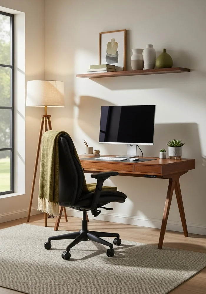 Dramatic masculine library office featuring dark charcoal walls, a rich burgundy velvet armchair, and an antique Persian rug