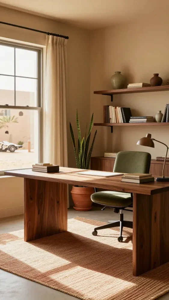 Earthy masculine workspace with muted olive green painted walls, sculpted walnut wood desk, and living potted foliage