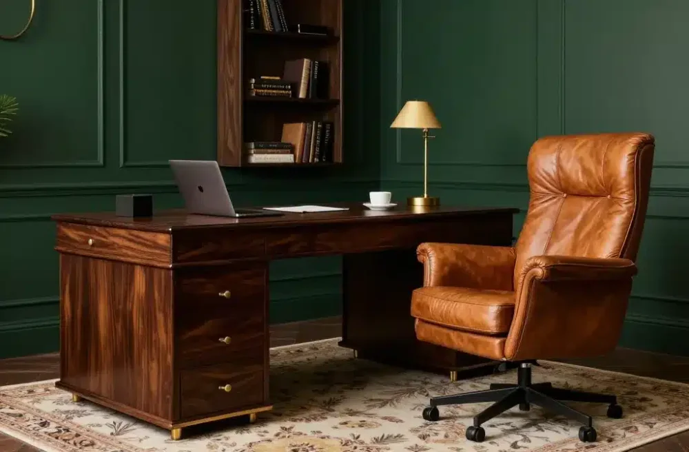 Sophisticated masculine home office showcasing rich wood millwork, leather executive chair, and moody color palette