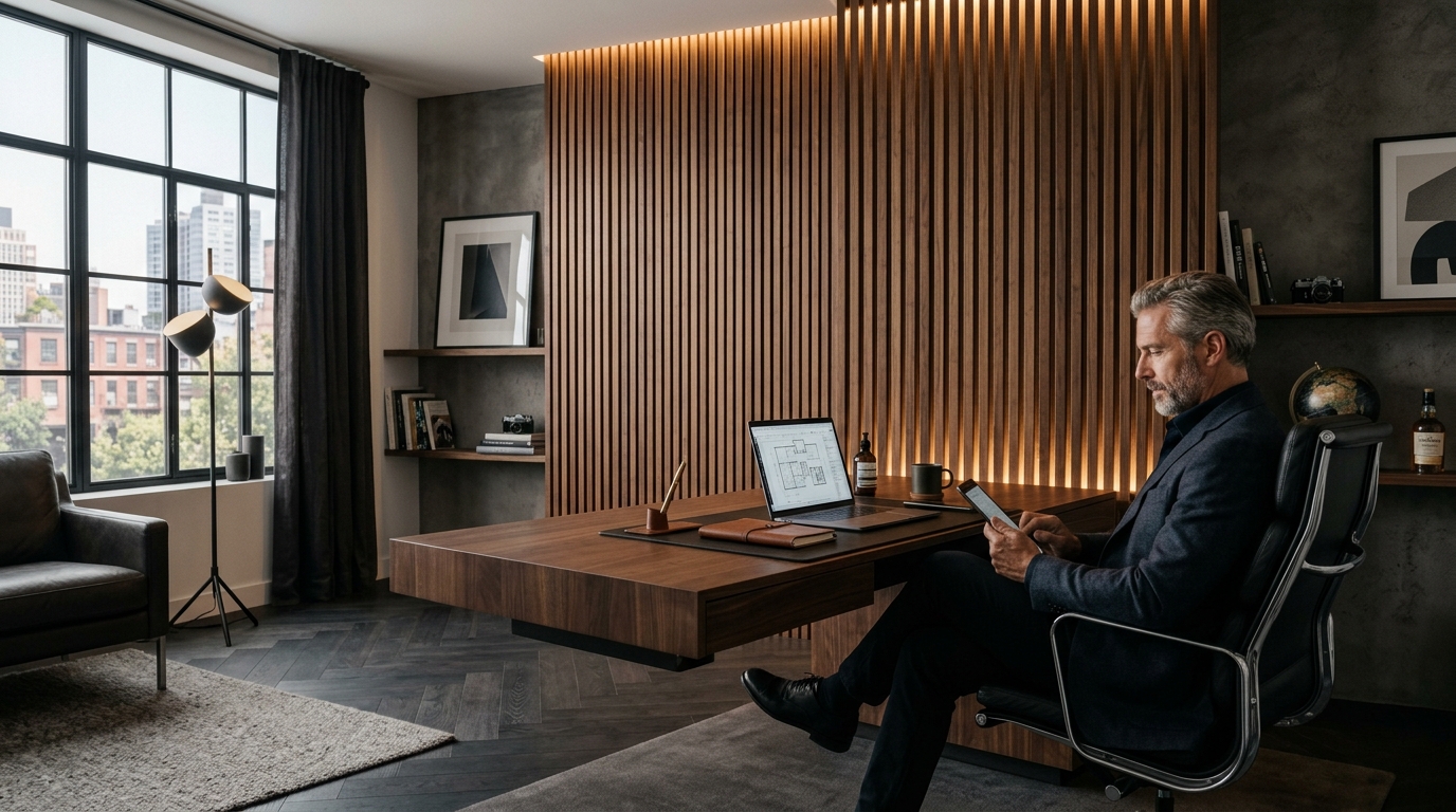 22. An Acoustic Wood Slat Accent Wall with Concealed Lighting
