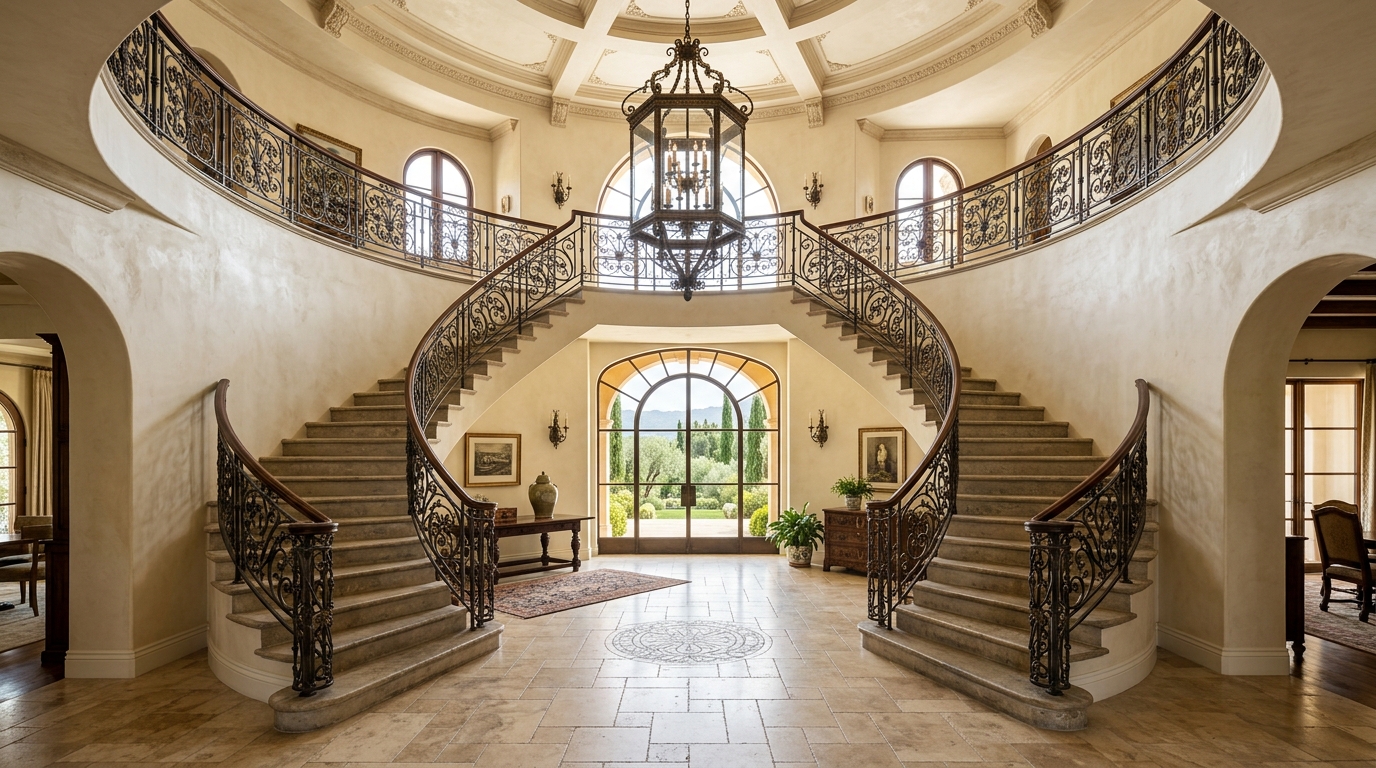 12. A Grand Double Staircase Foyer with Hand-Forged Scrollwork and Limestone Treads