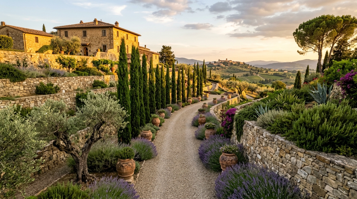 13. A Terraced Olive Grove and Tuscan Cypress Garden Promenade
