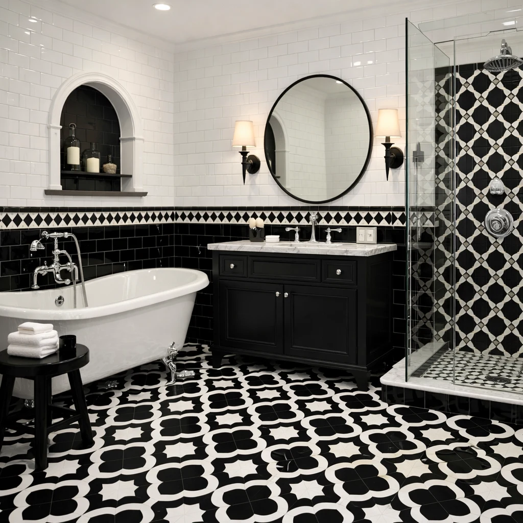 Terracotta-Orange Accents Against a Black-and-White Bathroom Base