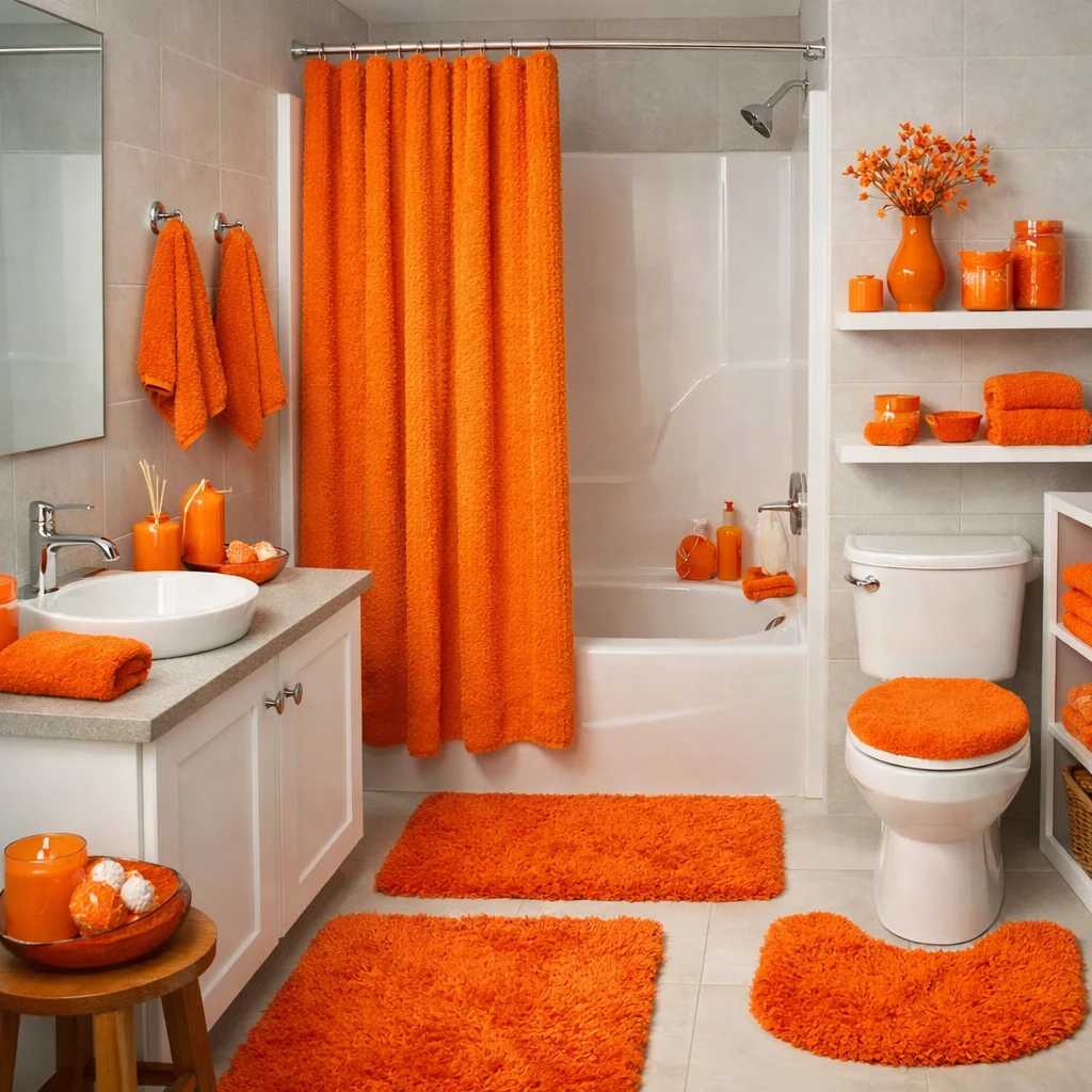 Black Subway Tile Paired with Vibrant Orange Bathroom Accessories