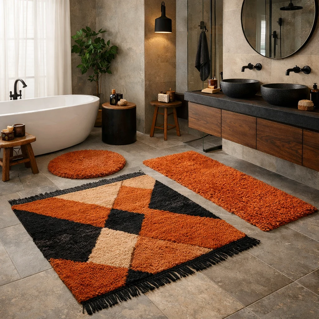 Orange and Black Geometric Flooring and Rug Pattern in Bathroom