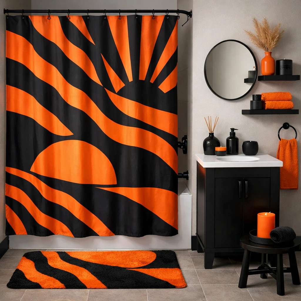 Bold Orange and Black Bathroom Feature Partition and Hardware