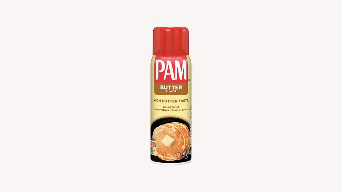 PAM Butter Cooking Spray bottle displaying iconic golden breakfast branding