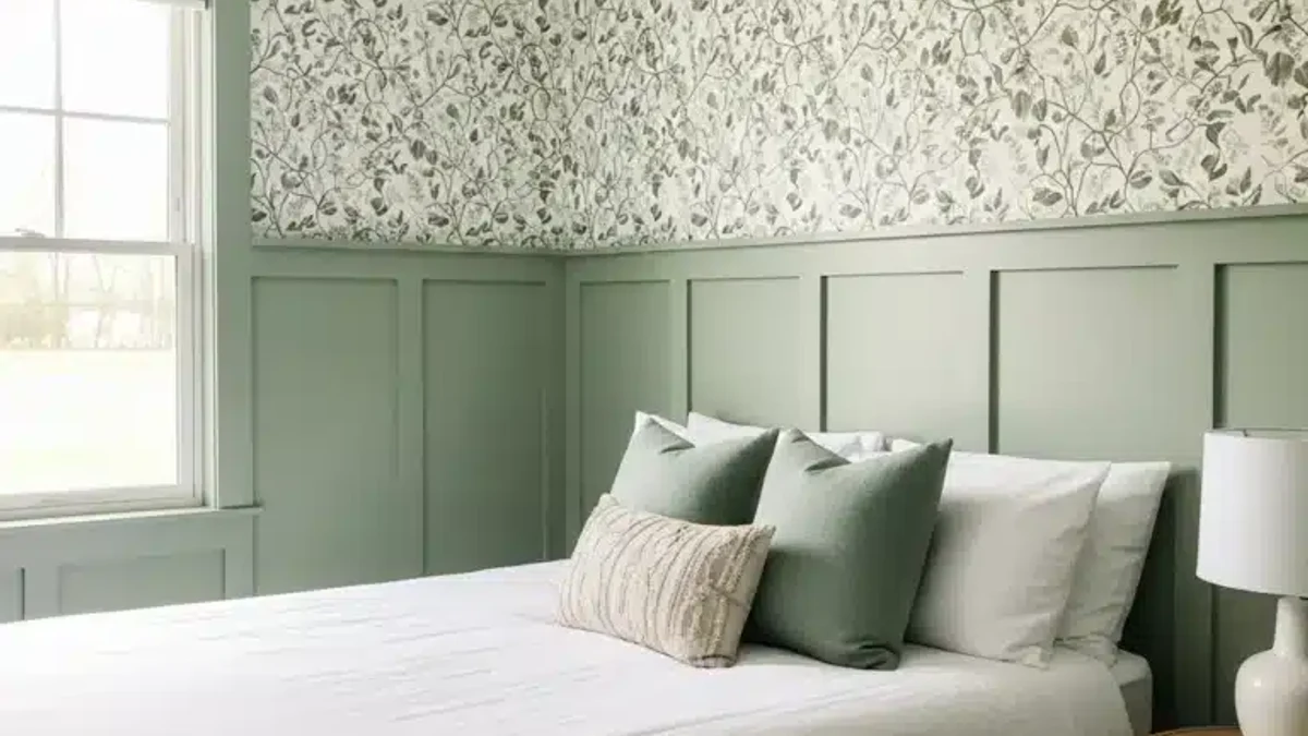 Herringbone-pattern wood paneling for dynamic visual interest