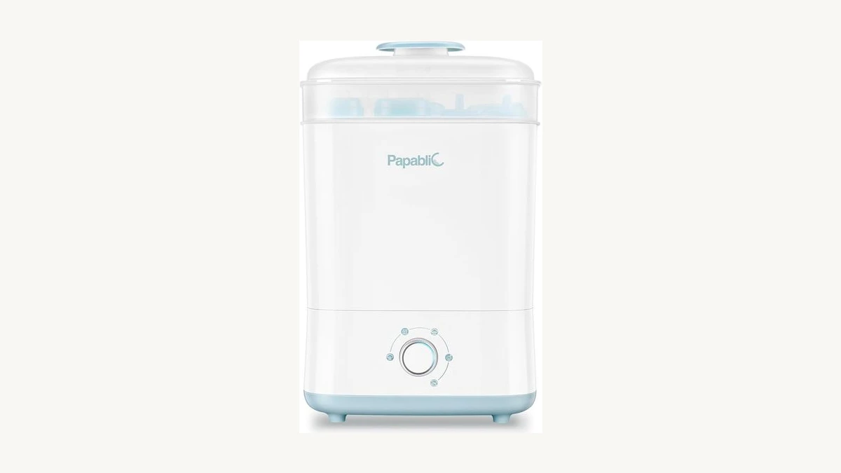 Papablic Baby Bottle Washer and Sterilizer Dryer open to display modular interior racks