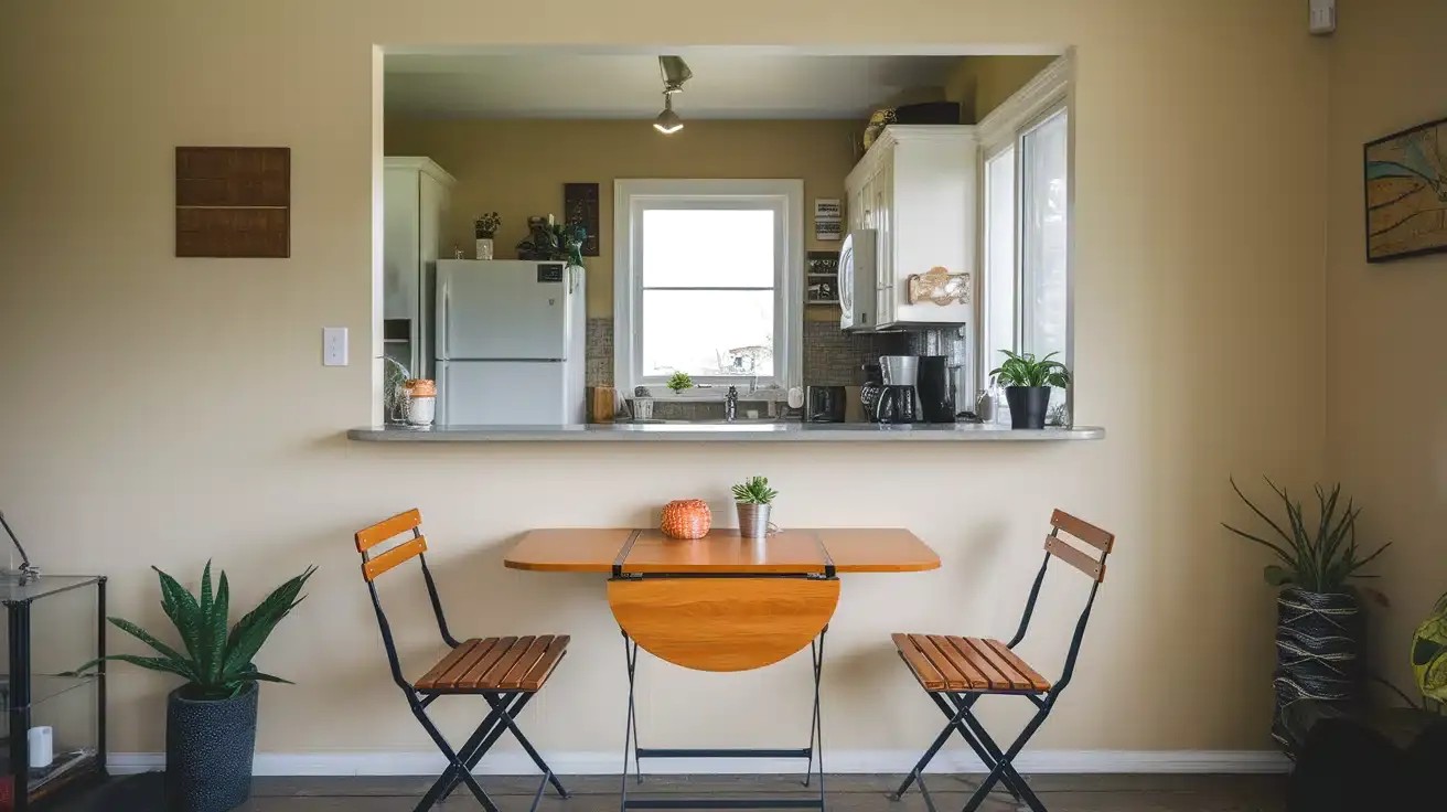 Open concept compact dining table styled beside an airy room divider in a small modern apartment