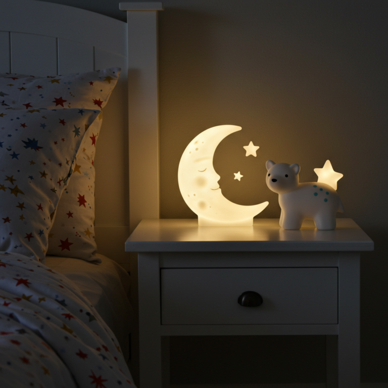 Adorable warm glowing silicone animal nightlight sitting on a child's bedside table casting a gentle ambient bedtime glow