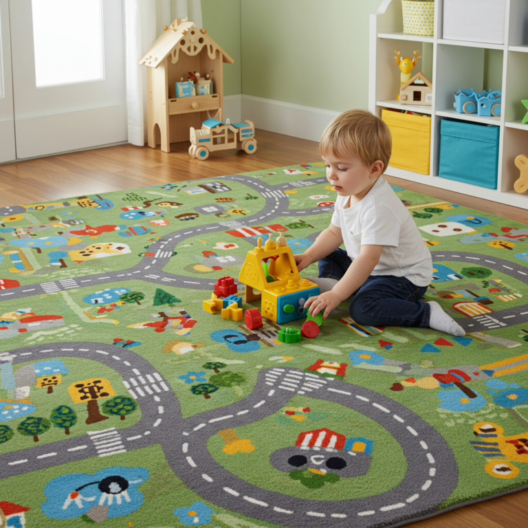 Durable playful roadway pattern play rug centered on light hardwood floor with wooden toy cars in a sunlit toddler room