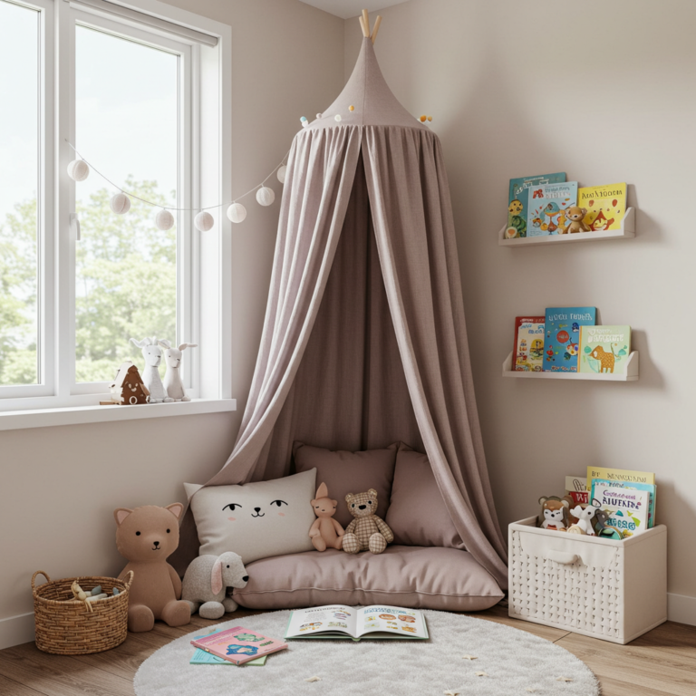 Cozy toddler reading nook featuring forward-facing wall book ledges, a neutral canopy tent, and a plush floor cushion