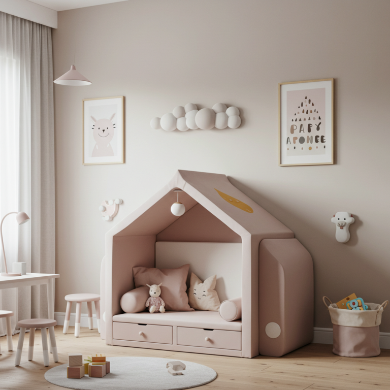 Modern Scandinavian toddler room furniture showcasing smooth rounded corners, curved wooden nightstand, and soft textures